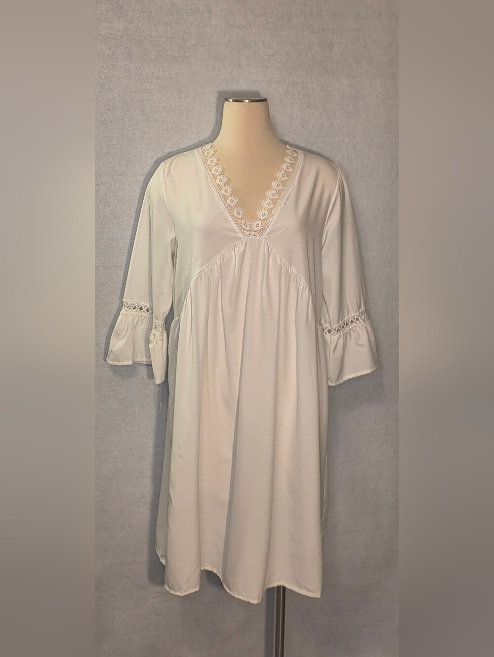 WHITE  Lace-Trim V-Neck Boho Dress #B4